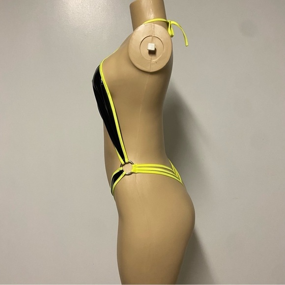 Unbranded black neon green one piece Faux leather bikini Size Small - Picture 4 of 6